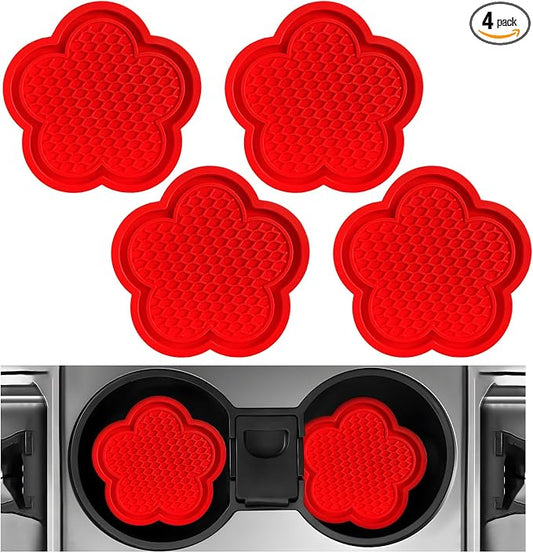 DXNQ 4 PCS Car Cup Coasters, Cute Flower Shaped Car Cup Holder Mat, PVC Waterproof Anti Slip Vehicle Cup Holder Insert Coaster, Universal Car Interior Decor Accessories (Red)