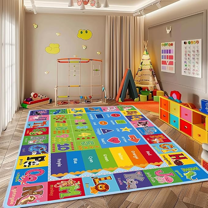 ABC Kids Play Rug, Non-Slip Classroom Carpet, 110" x 78.7" | Colorful ABC pattern, soft low-pile surface, non-slip backing, ideal for playrooms and classrooms