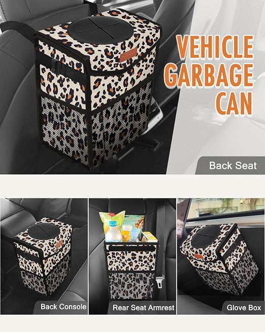 Pritent Car Trash Can with Lid, Cute Leakproof Car Trash Garbage Bag Hanging Vehicle Trash Bin Small Portable Automotive Garbage Cans Organizer for Back/Front Seat/Console(2.8 gal,Leopard