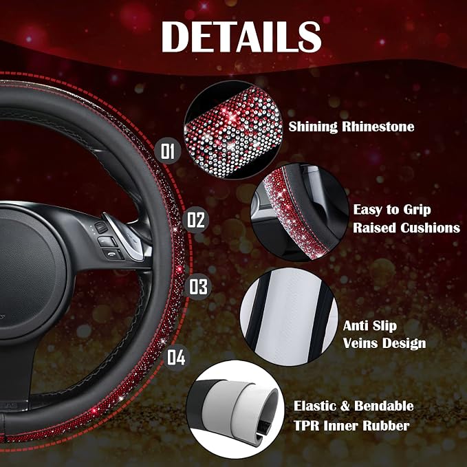 CAR PASS Bling Diamond Leather Steering Wheel Cover, Bling Sparkly Crystal Glitter Rhinestones Universal Fit 14" 1/2-15" Car Wheel Protector for Women Girl Fit Suvs,Vans,Sedans,Trucks, Red Silver