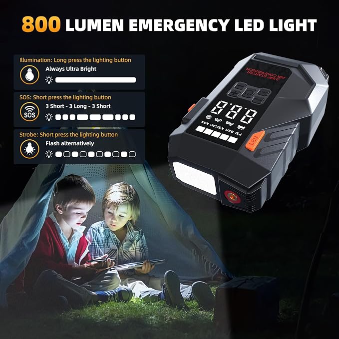 10-in-1 Portable Car Battery Jump Starter with Air Compressor, Jump Starter 6000A 26800mAh 160PSI (All Gas/12L Diesel), 12V Jump Box Car Battery Jumper Starter Portable Jumper Cables, Lights