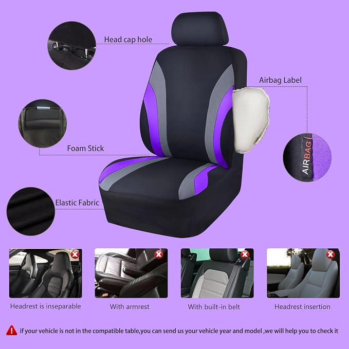 CAR PASS Line Rider Sporty Cloth Universal Fit Car Seat Cover -100% Breathable with 5mm Composite Sponge Inside,Airbag Compatible,3zipper Bench(Full Set, Black and Purple)