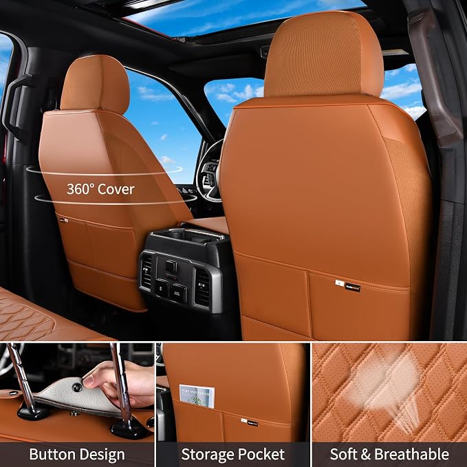 Huidasource Front Truck Seat Covers Fit for Ford F150 2015-2026&F250 F350 F450 2017-2026 All Cab XL XLT Lariat King Ranch Platinum, Waterproof Leather Automotive Car Seat Cover(Front Pair/Brown)