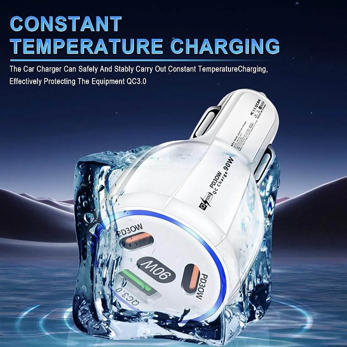 Amiss Car Charger Adapter, 3 Port USB-C & USB-A 90W Fast Charger, Car Interior Accessories, Essential Travel Gifts for Men and Women, Fit for iPhone 17/16/15/14/13Pro Max, Samsung, Android (White 1pc)