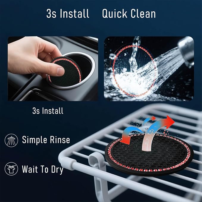 Car Cup Holder Coaster 4 Pack - Non Slip & Shockproof,Flexible PVC Rubber Insert for Car/Truck/SUV/Van (2.75"x0.2") Universal Fit Auto Cup Holders Accessories (Diamond Cup Coaster Red)