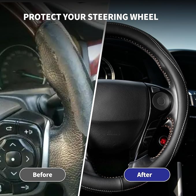 Steering Wheel Cover with Anti-Slip Leather Grip Compatible with Ford, Toyota, Honda, Nissan, and Chevrolet Vehicles for 14.5-15.35 inch Round Steering Wheels Universal Car Accessories