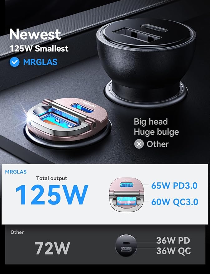 MRGLAS 125W USB C Car Charger, USB C Car Charger Adapter Fast Charging | [Mini & Metal][PD65W & QC60W] Dual Port Type C Car Cigarette Lighter USB Charger for iPhone 16 15 14 Pro Max S25 MacBook-Pink