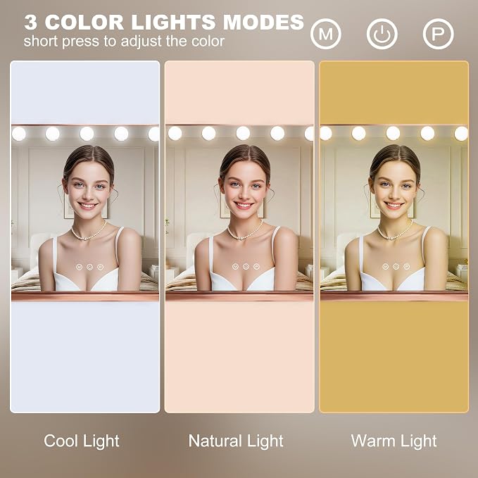 Ratsamee Rose Gold Hollywood Vanity Mirror with Lights, 15 Dimmable Bulbs, 3 Color Lights,Make Up Lighted Mirror, Aluminum Metal Frame, USB Charging Port（23" x 18"）