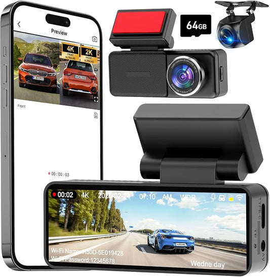 4K Dual Dash Cam Front and Rear, 4K+2K Dashcam with 5GHz WiFi & APP Control | Dash Camera for Cars with 64GB Card, 24H Parking Monitor, Night Vision, Loop Recording, G-Sensor, WDR, 3.2" IPS Screen