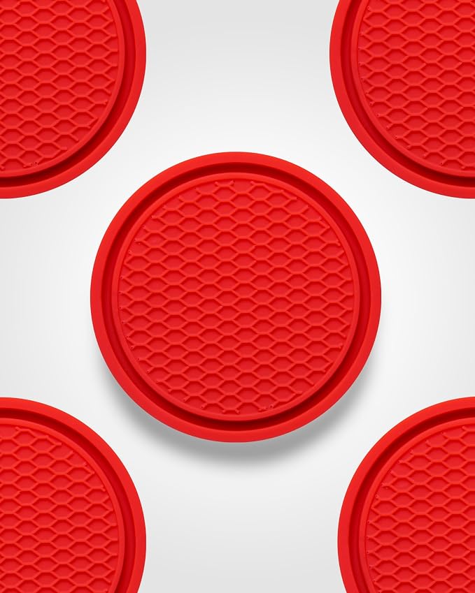 Coaster for Car Cup Holder - 4 Pack Silicone Auto Car Drink Coasters Mat Universal Non-Slip Inserts Car Interior Accessories, Red