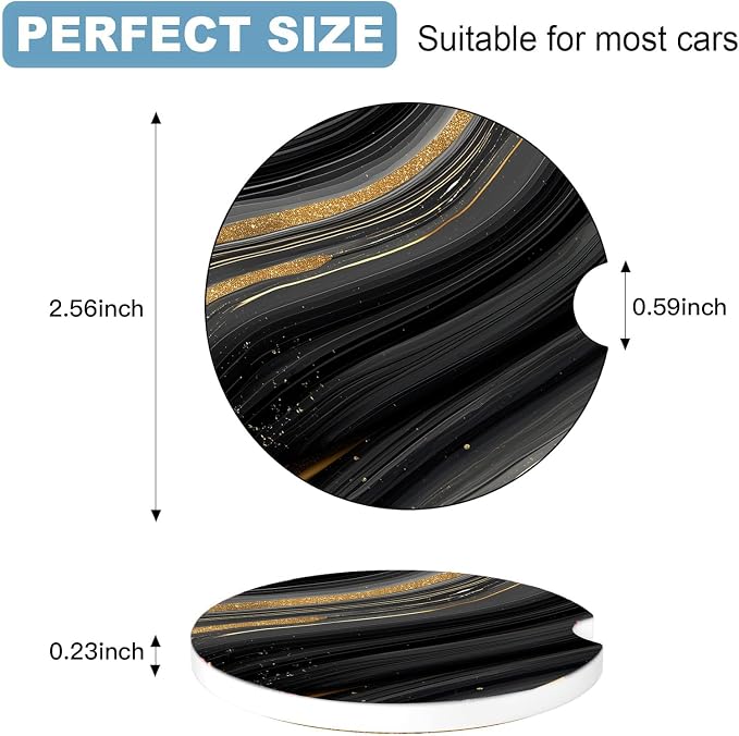 Car Cup Holder Coaster Set of 2, 2.56 in Ceramic Coasters, Scratch-Resistant Cork Backing, Finger Groove Design for Easy Placement, Cute Car Accessories Interior for Women (Black Marble)