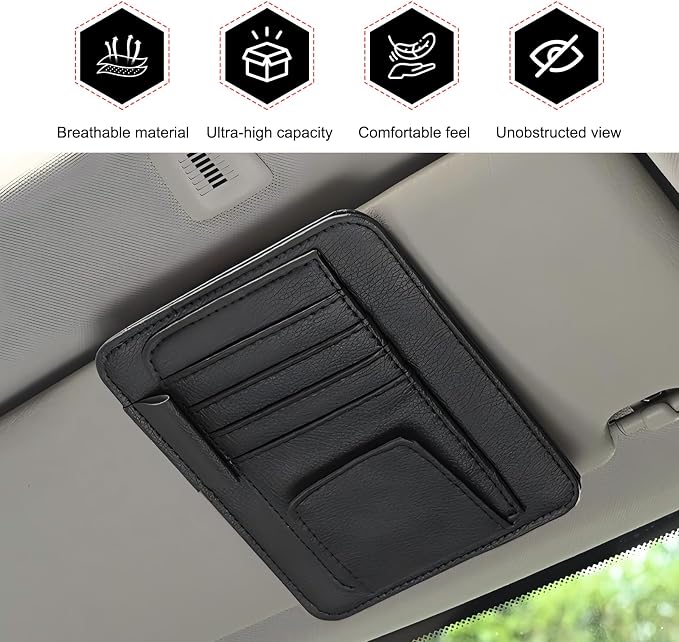 Car Sun Visor Organizer, Premium Leather Sun Visor Sunglass Holder with Card Holders & Pen Clip Slot, Universal Car Interior Organizer for Driving License, Card, Pen (Black)