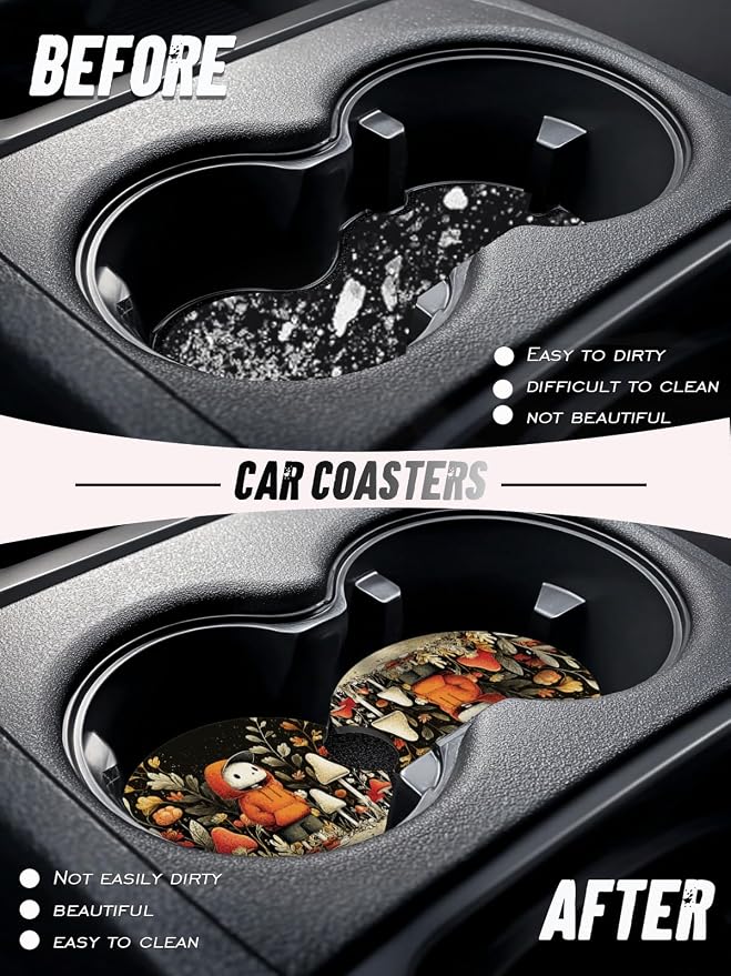 Car Cup Coasters,2 Pack Car Coaster,2.75inch Anti Slip and Absorbent Cars Coasters for Cup Holders,Car Accessories for Women,Cute Decor for Women (Mushroom Gnome)