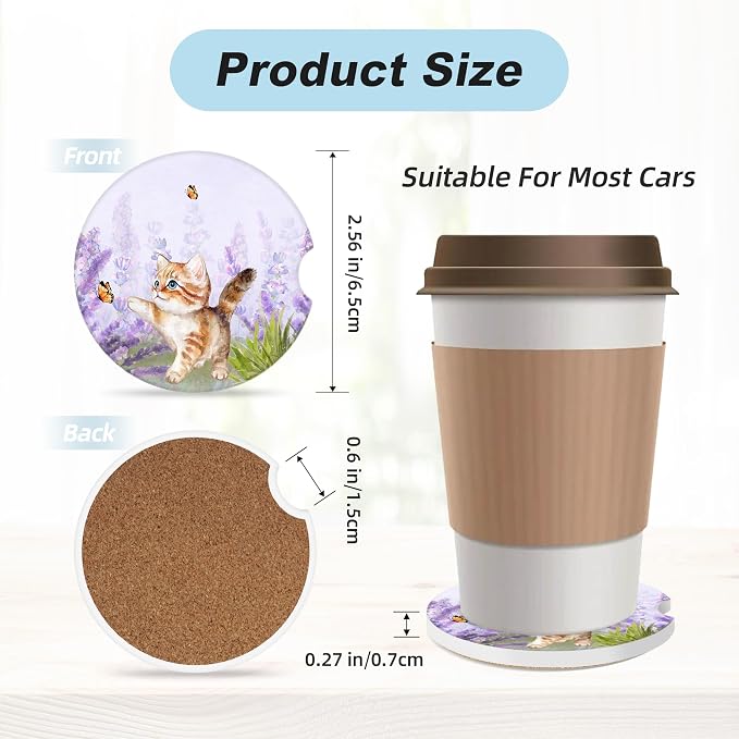 Lavender Butterfly Cute Cat Car Coasters for Cup Holders,2 Pack Car Cup Holder Coasters for Car,Ceramic Absorbent Car Coaster with A Finger Notch and Cork Base,Car Interior Accessories for Women Men