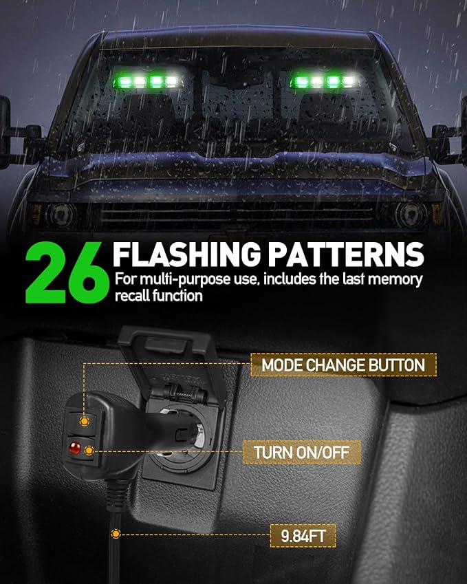 HLauto 2002L Emergency Dash Strobe Lights: Green White Safety Lights, Flashing Warning Hazard Windshield Visor Traffic Light Bars for Trucks, Construction Vehicles (2x8.5 inch, 48LED)