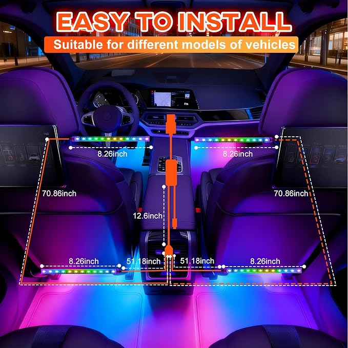Car Led Strip Lights, RGB Truck Interior Lights with App Control, Under Dash Footwell Automotive Led Light Strip, Car Ambient Lighting for SUV(1set)