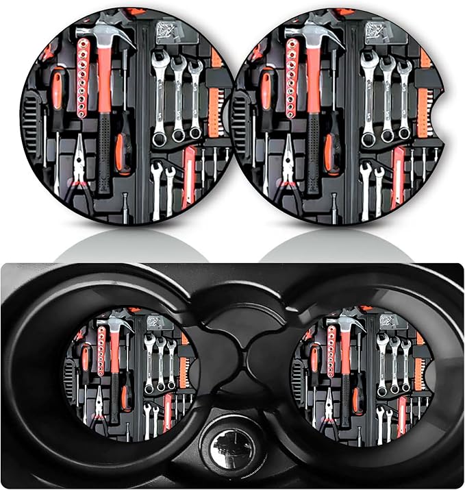 2 Pack Tools Car Cup Holder Coasters Neoprene Anti Slip Rubber Mat | Car Accessories Interior Decor 2.75" Universal Size Insert Auto Coasters Tools Gifts for Men Dad Grandfather Father's Day