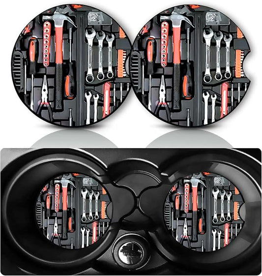2 Pack Tools Car Cup Holder Coasters Neoprene Anti Slip Rubber Mat | Car Accessories Interior Decor 2.75" Universal Size Insert Auto Coasters Tools Gifts for Men Dad Grandfather Father's Day