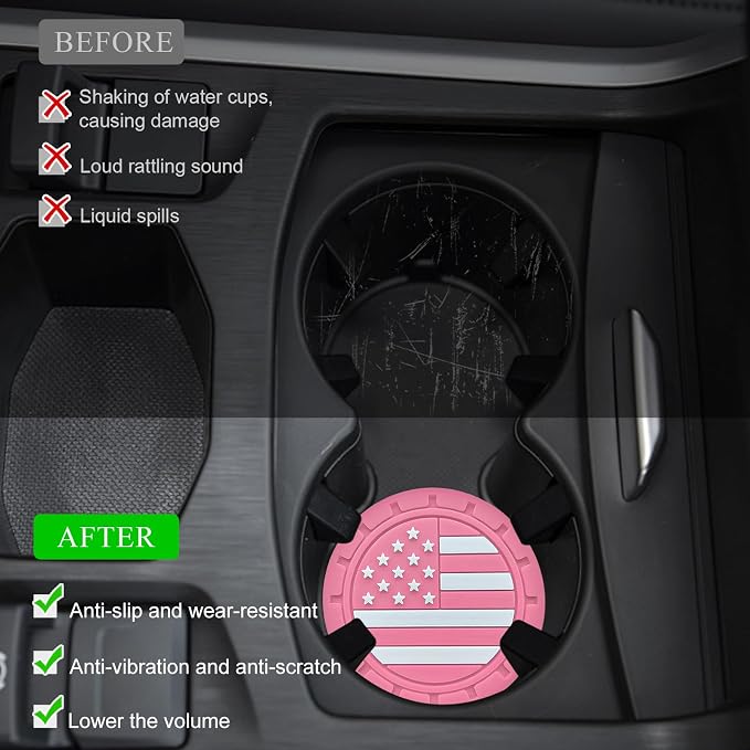 4 PCS Car Cup Holder Coasters, 2.75 Inch Universal Non-Slip American Flag Insert Coaster for Auto Cup Holders, Shockproof Car Drink Mat for Men Women, Vehicle Interior Decor (Pink)