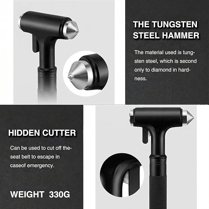 2-Pack Alloy Car Window Breaker with KM46 Tungsten Tip, 3-in-1 Glass Breaker & Seatbelt Cutter & Escape Hammer Car Emergency Rescue Tools for Tesla Model 3/Y/S/X/Cybertruck Accessories(Black-2PCS)