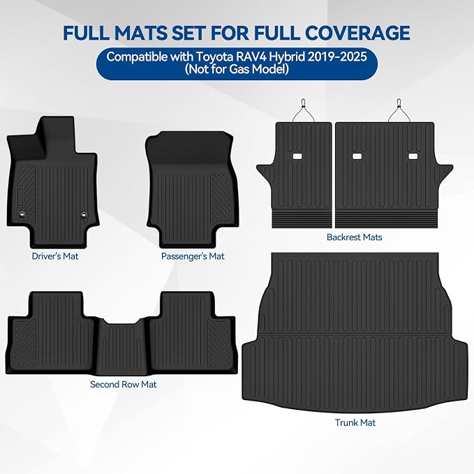 Custom Fit Floor Mats for Toyota RAV4 Hybrid 2019-2025(Not for Gas) | All Weather TPE Floor Liners with Trunk Mat & Backrest Protectors | Odorless Full Set Interior Accessories