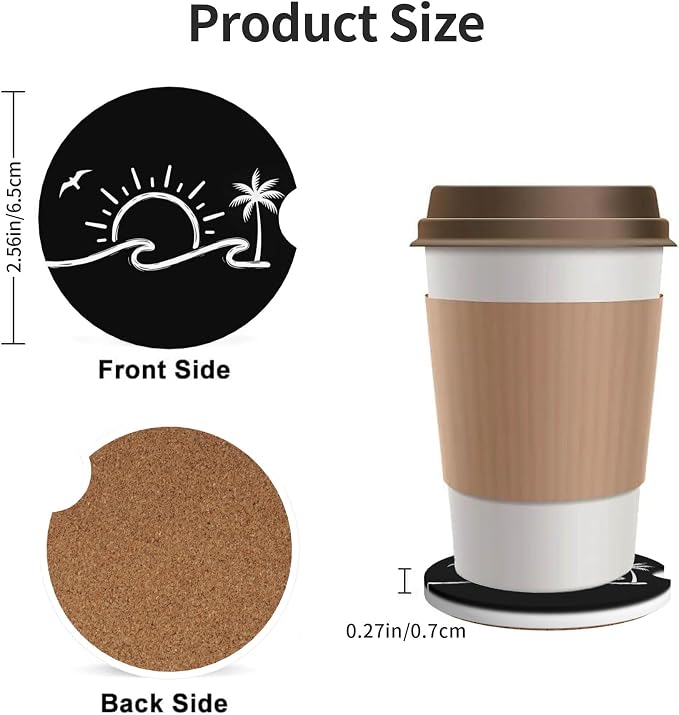 Sunset Waves Car Cup Holder Coasters 2 Pack 2.63" for Women | Palm Trees Universal Anti Slip Ceramic Absorbent Coaster with Cork Base and Finger Notch Cute Car Accessories Interior