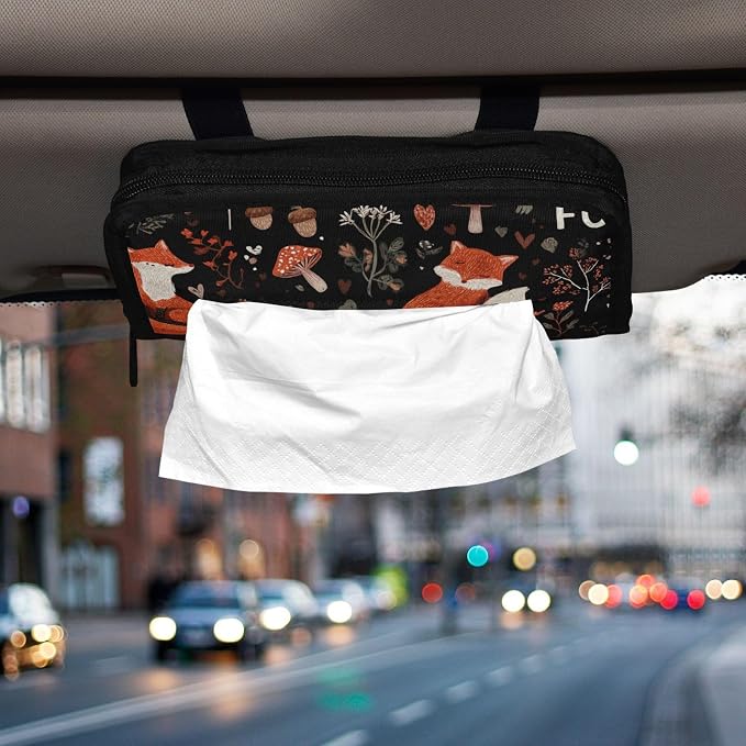 Foxes Mushrooms Black Car Tissue Holder Durable Napkin Holder Hanging Tissue Holders Case Car Tissues Bag for Sun Visor Seat Back Universal Auto