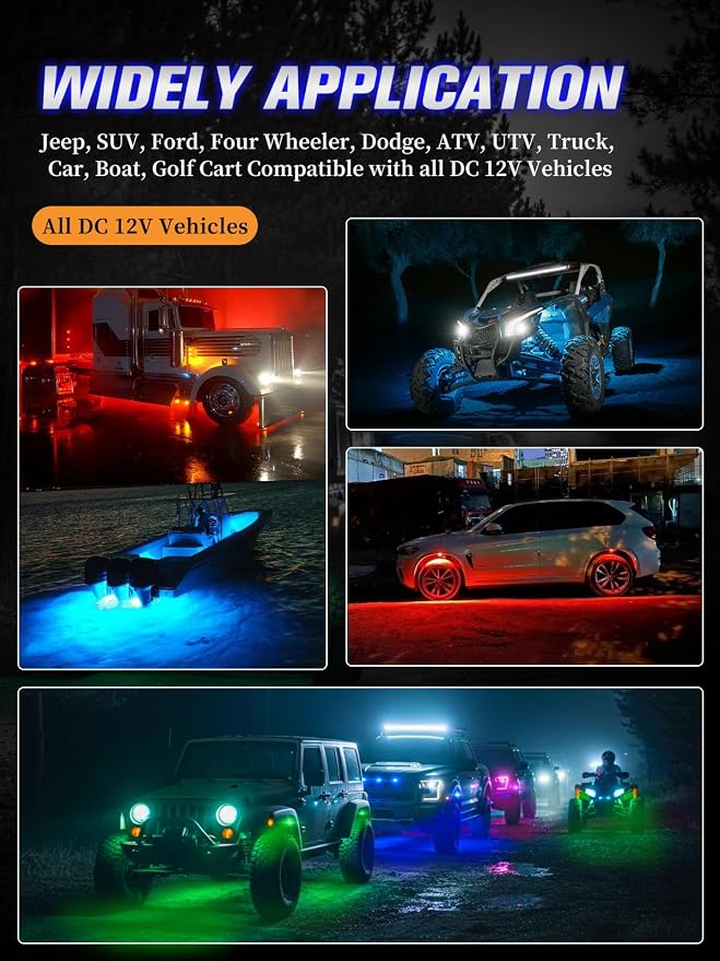 4 Pods RGB LED Rock Lights with APP/RF Remote Control High Brights Waterproof Underglow Multicolor Zone Neon Exterior Rock Lights for 12V Trucks Jeep UTV ATV RZR Offroad Pickup SUV Accessory