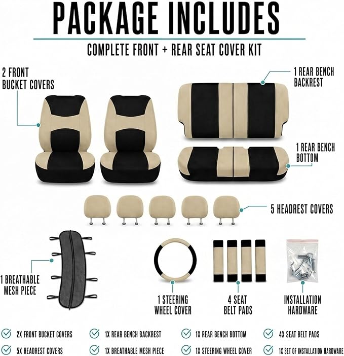 Automotive Seat Covers Beige Black Universal Fit Seat Cover Combo Set with Steering Wheel Cover and Seat Belt Pad (Airbag Compatible and Split Bench)