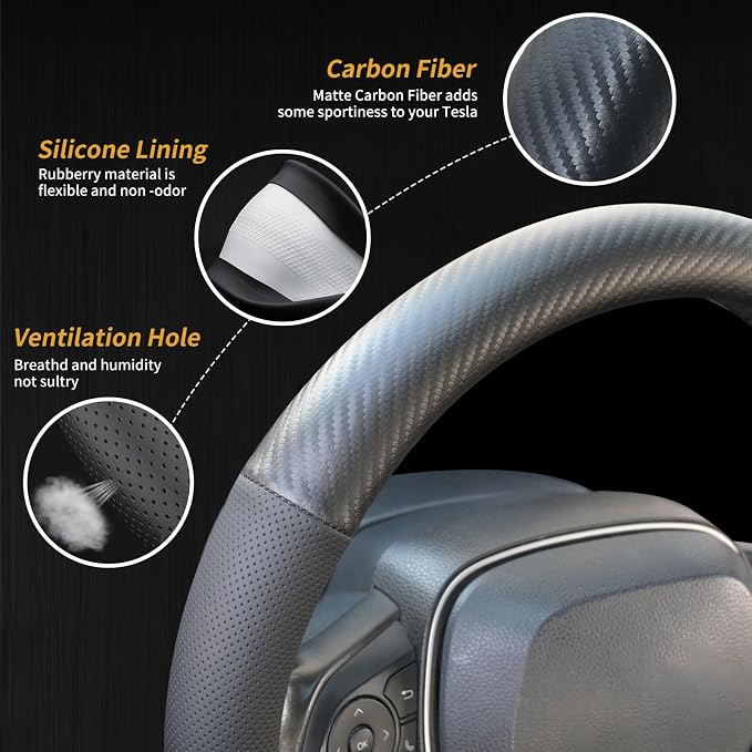 Uxcer Carbon Fiber Leather Steering Wheel Cover, Universal 14.5–15 Inch Non-Slip Breathable Steering Wheel Cover for Cars, Carbon Fiber