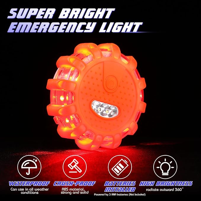 Frienda 24 Pieces LED Roadside Safety Flares Emergency Flare Lights Flashing Warning Lights Bulk Roadside Safety Beacon Disc Pack with Magnetic Base and Hook for Car Truck Vehicles Boat