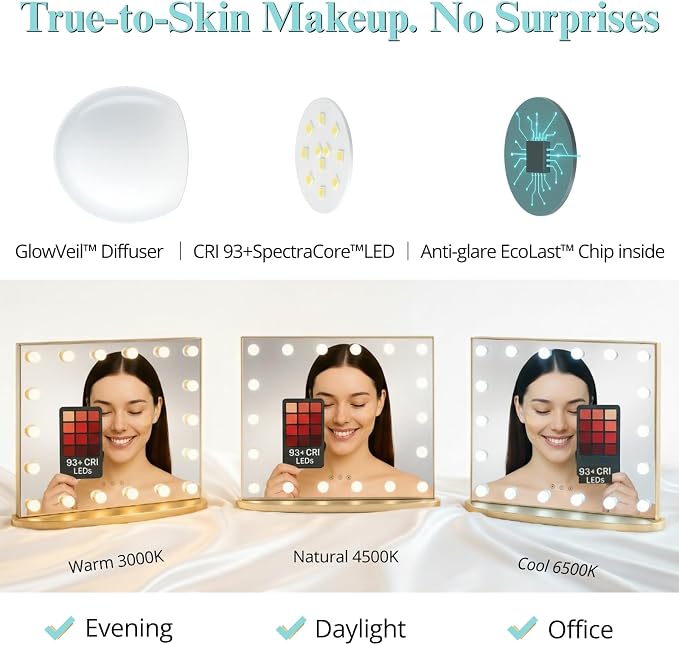 LUXFURNI Vanity Mirror with Lights, 23.6" Hollywood Makeup Mirror Gold | 18 Surround LED Bulbs, 360° Shadow-Free Lighting, 3 Color Modes, USB Charging, Tabletop & Wall Mount for Bedroom Dorm Desk