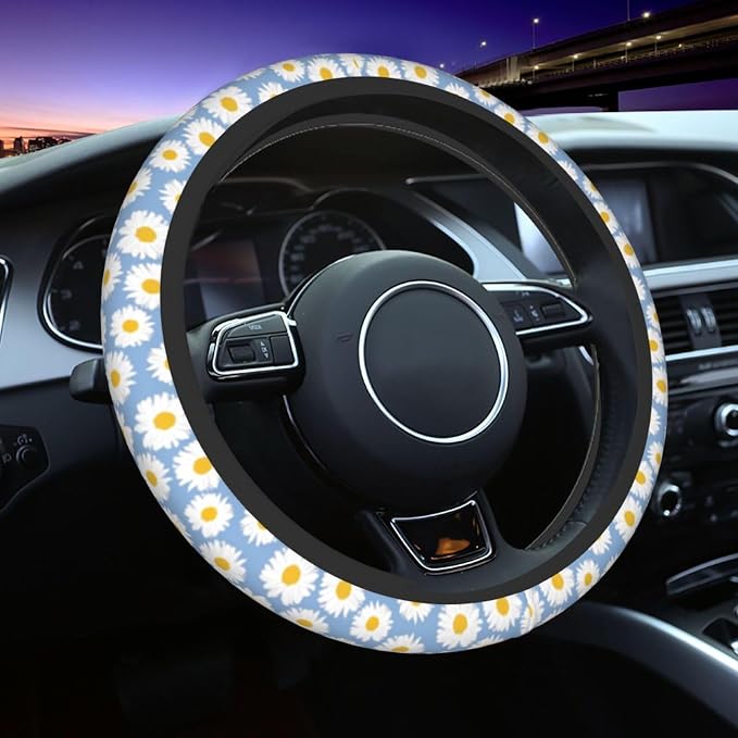 Daisy Flower Steering Wheel Cover Anti-Slip and Practical 14.5-15 Inch Universal Car Steering Wheel Cover with 2 Pieces Car Coasters Suitable for Men Women