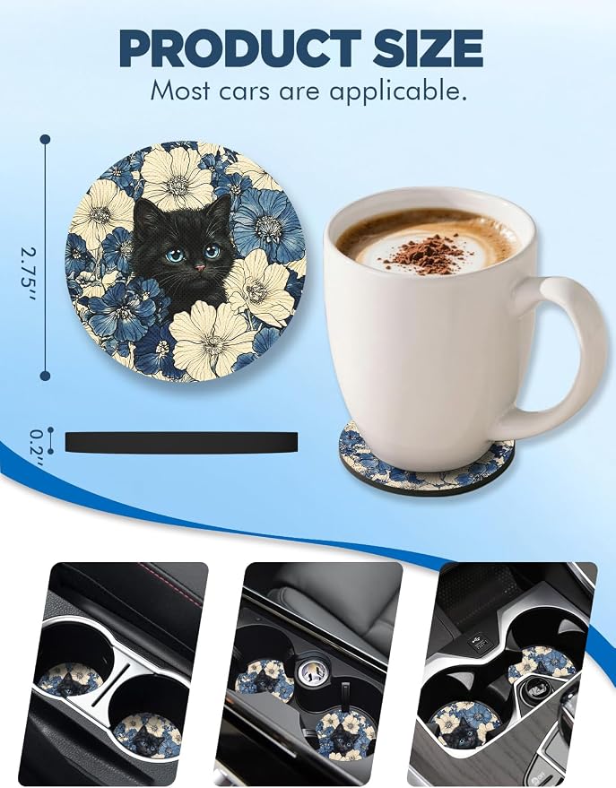 WOCOCN Car Coasters for Cup Holders - 2 Pack 2.75" Universal Rubber Car Cup Coaster, Non-Slip Waterproof Car Interior Accessories, Cute Car Decor Gifts for Women and Men (Flowers & Cats)