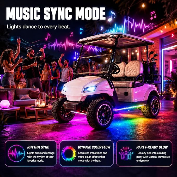 Roykaw Golf Cart LED Strip Lights, Underglow Neon Light Kit Compatible with EZGO/Club Car/Yamaha and Most Brands Golf Carts, Waterproof/LED Decorative Lights/Multi-Dynamic Modes, 4PCS