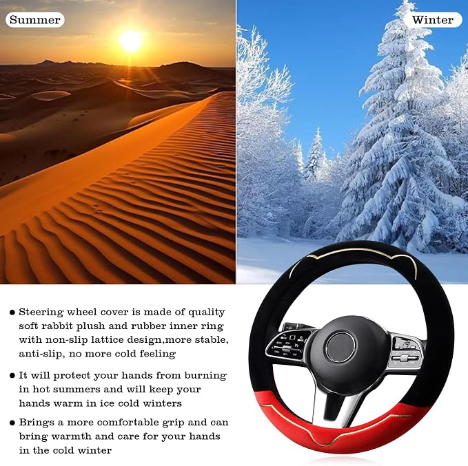 Cat Ears Plush Steering Wheel Cover,Universal 14.5-15 Inch Winter Plush Warm Steering Wheel Cover, Soft Fluffy, Anti-Slip Design, Soft Texture (Black+Red)