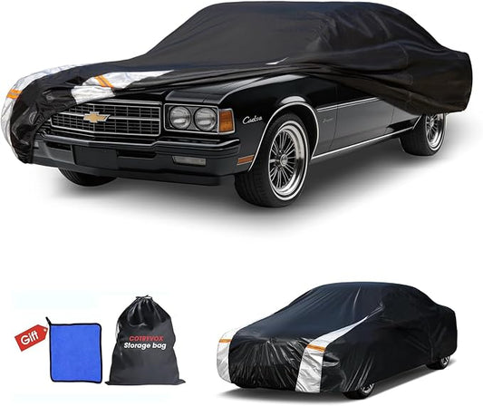 Multi-Layer Car Cover Custom Fit for Chevrolet Caprice (1970-2016), 100% Waterproof All Weather for Automobiles, Gift with Towel, Heavy Duty Car Covers for Rain Sun UV Protection with Door Zipper.