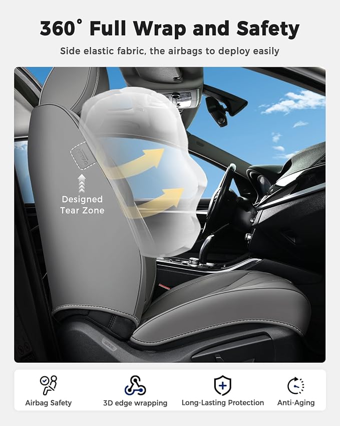 Huidasource Front Seat Covers, Universal Fit for Most Cars SUV Trucks, Full Coverage Leather Seat Cover, Airbag Compatble, Seat Function Retain, Storage Pocket Design, Easy to Install, Gray