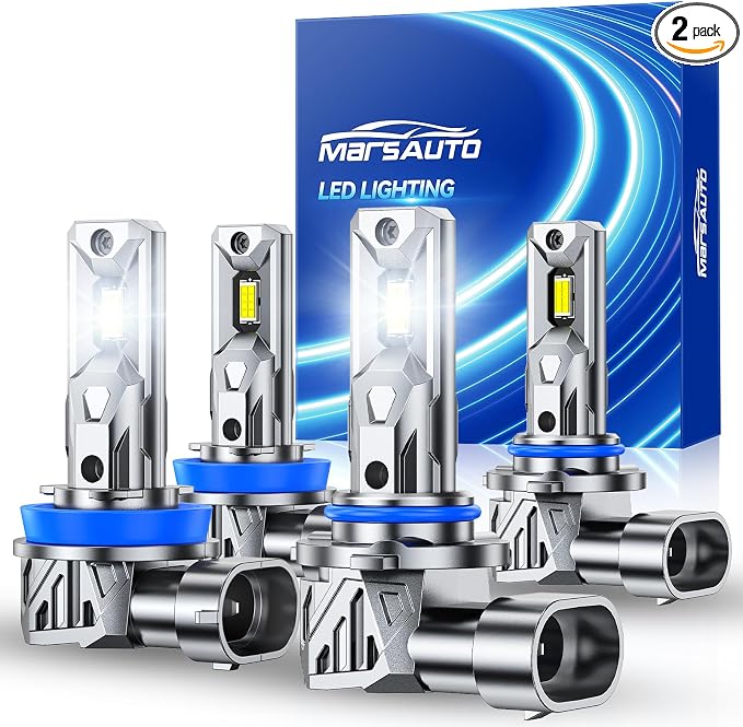 Marsauto H11/H9/H8 9005/HB3 Fog Light Bulbs Combo, 800% Brighter 80,000LM 6500K Cool White, Fanless 1:1 Mini Size, Pack of 4
