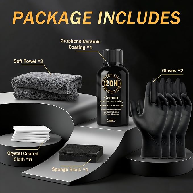 Ceramic Coating for Cars, 20H High-Grade Graphene Coating for Automobiles, Complete Detailing Kit, 10+ Years of Lasting Defense, Intense Glossy Look, Use After Washing & Polishing, 70ml