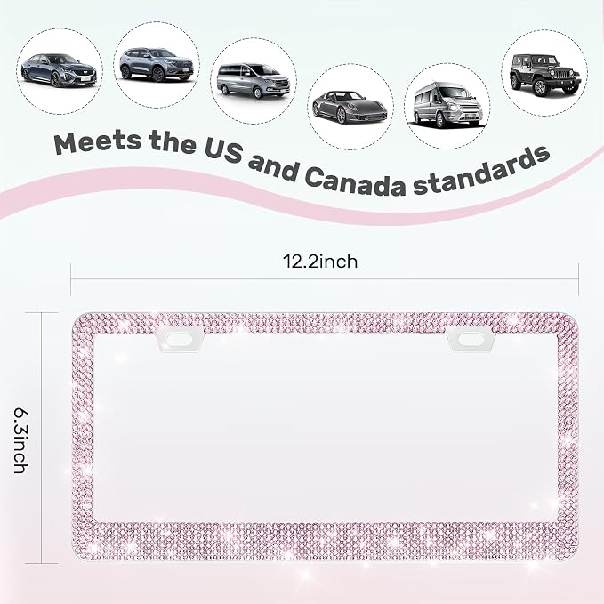 QUANQIUFEI 2 Pack Bling License Plate Frames, Sparkly Rhinestone Diamond Car License Plate Cover for Women, Stainless Steel Car Accessories with Glitter Crystal Caps (Light Rose)
