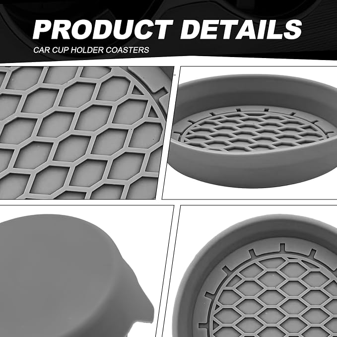 4-Pack Universal Cup Holder Coasters, Black Silicone Inserts - Keep Your Car Clean with Non-Slip & Spill-Proof Coasters for All Vehicles (Gray)