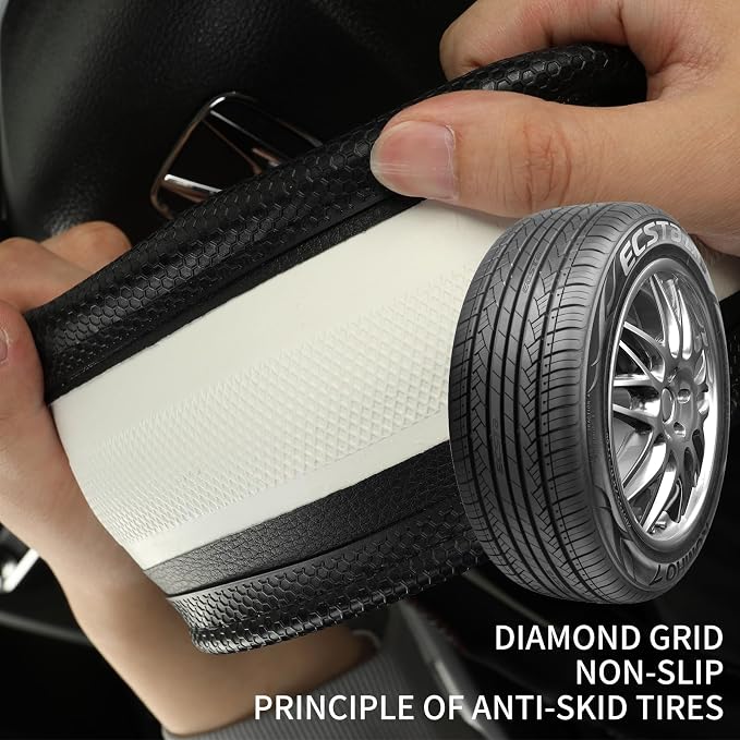 D Shaped Steering Wheel Cover Great Grip with 3D Honeycomb Hole | Anti-Slip Silicone Heavy-duty Microfiber Leather Sporty Design, Universal 14.5 inch - 15 inch, All Black
