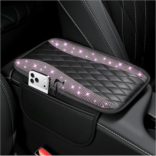 IHOTDER Bling Rhinestones Center Console Covers for Cars,Upgraded Arm Rest Cover for Car with Side Storage Pocket for Car Seat Organizer,Middle Console Cover Stylish Car Decoration (Bling Pink)