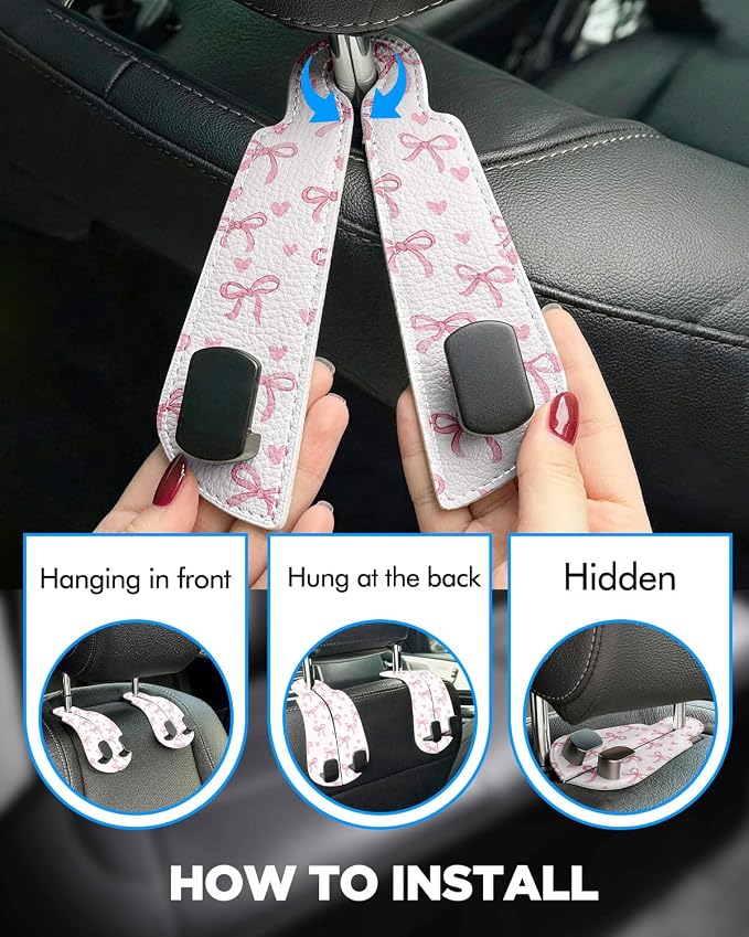 WOCOCN Purse Holder for Car, 2 Pack Heavy Duty Purse Hanger for Car, PU Leather Car Seat Hooks for Purses and Bags, Cute Pink Bow Headrest Organizer for Handbags & Backpacks