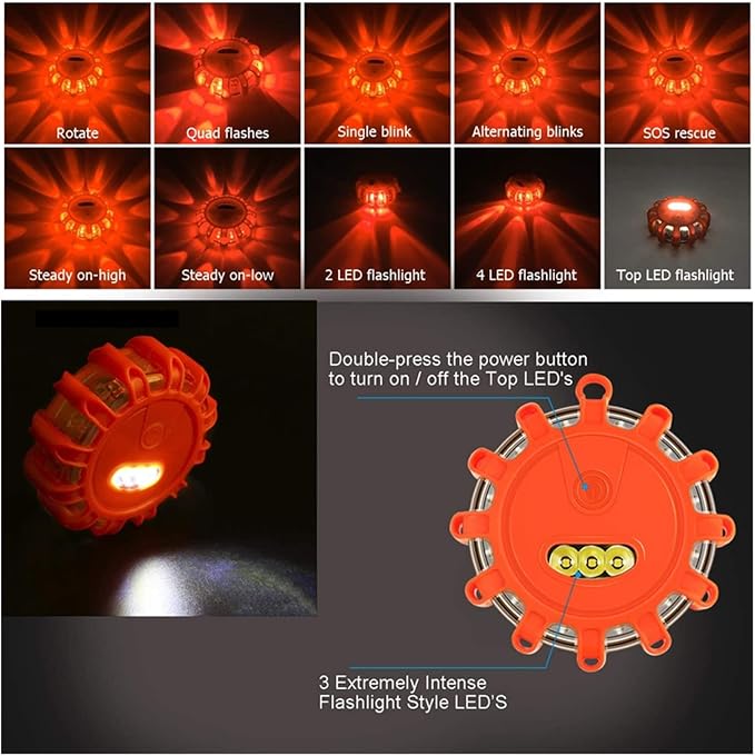 LED Road Flares Emergency Lights Roadside Safety Beacon Disc Flashing Warning Flare Kit with Magnetic Base Storage Bags (Color : 4 pcs with 1 Bag)