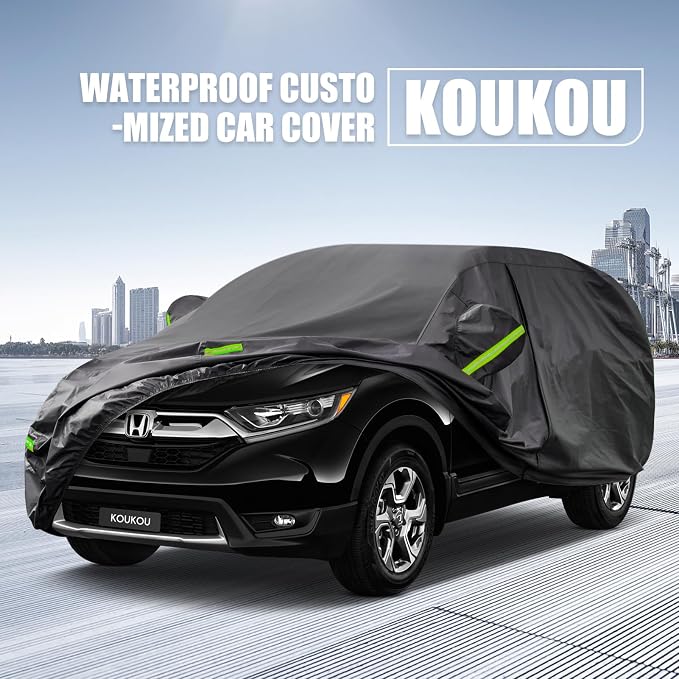 KouKou Waterproof SUV Car Cover Suitable for Honda CRV from 1995 to 2025, 7 Layers Windproof All Weather Waterproof Outdoor Cover Sun Rain UV Dust Snow Protection. Black