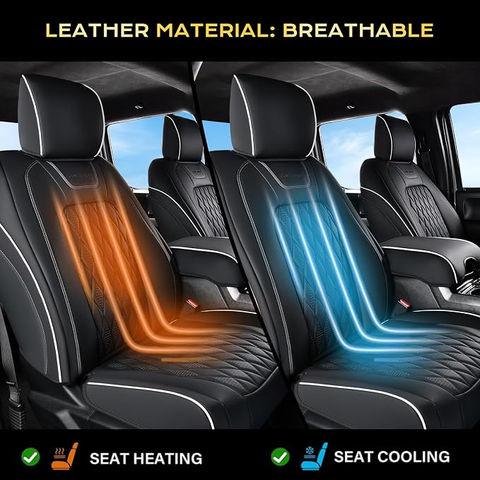 Coverado Premium Leather Front Seat Covers Waterproof Heavy-Duty Protectors Custom Fit for Ford F150 (2015-2026) F250/F350/F450 (2017-2026)-Black w/White Stitching, Wear-Resistant