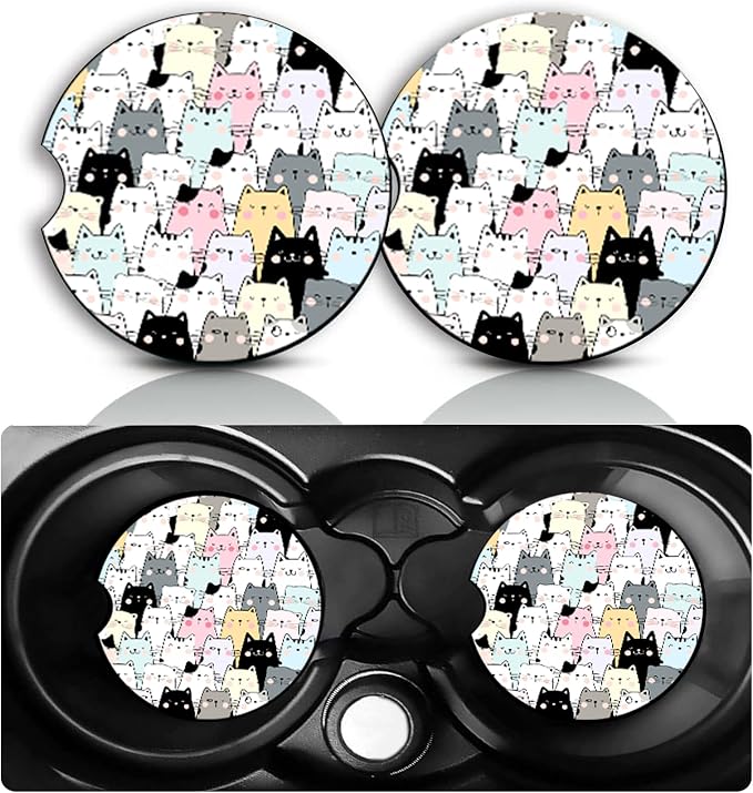 Cat Car Cup Holder Coasters Set of 2 – Fun Cat Car Accessories 2.75" Universal Size Anti Slip Rubber Mat Recessed Auto Insert Coasters Decor Cats Gifts for Women Men Dad Grandpa
