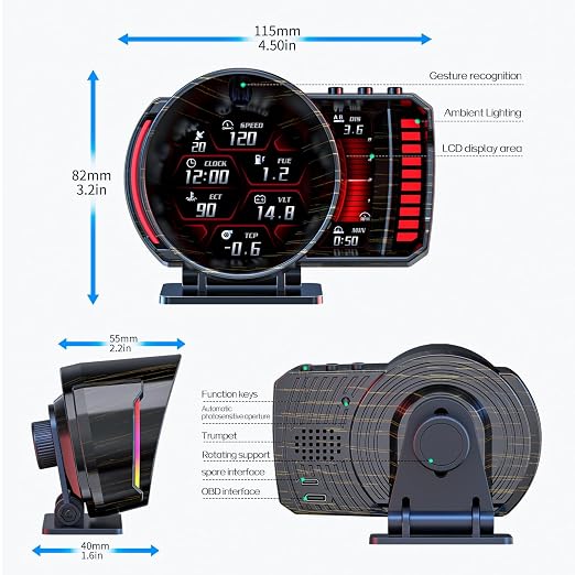 wiiyii obd2 Gauge Display,Heads up Display for Cars,Speedometer for Car with Gesture Recognition,Multiple Alarm Functions,Monitor Speed/Voltage/Water Temp/Turbo,Car HUD Heads up Display Plug & Play